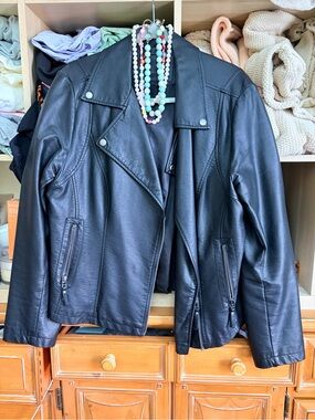 Studio Black Faux Leather Moto Jacket with Snap Lapels